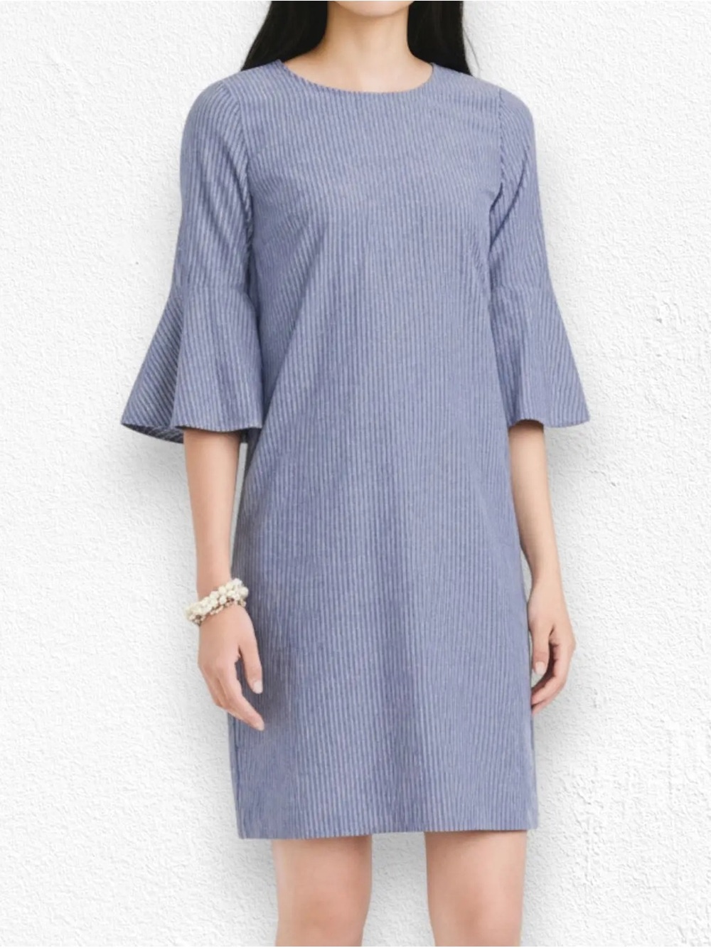 J Crew Chambray Blue Striped Bell Sleeve Dress
